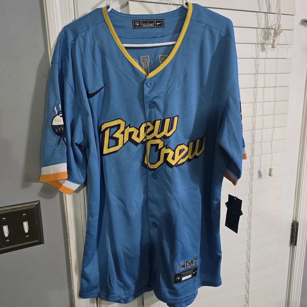 Christian Yelich Brew Crew Blue MLB NIKE Baseball Jersey NWOT Mens Size L